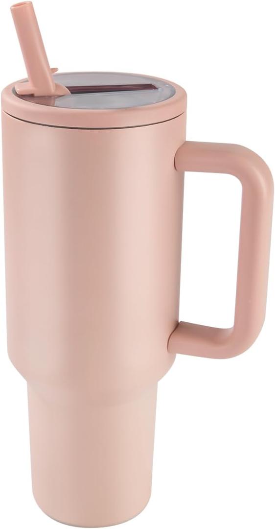 40 oz Insulated Tumbler with Handle,Flip Straw,Lid & Rubber Base Stainless Steel Water Bottle - Leak Proof Vacuum Insulated Mug BPA Free Reusable Travel Cup Gifts for Women/Men (Peach pink40oz)