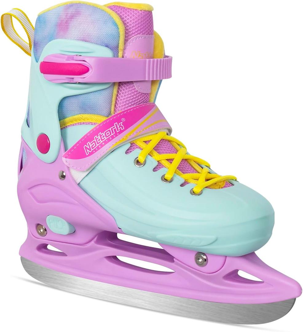 Nattork Ice Skates 4 Sizes Adjustable for Kids Boys Girls, Fun Beginner Ice Skating for Outdoor, Soft and Comfortable Hard Protection for Children Youths Teen (Medium - Kid (13C-2 US), Teal Pink)