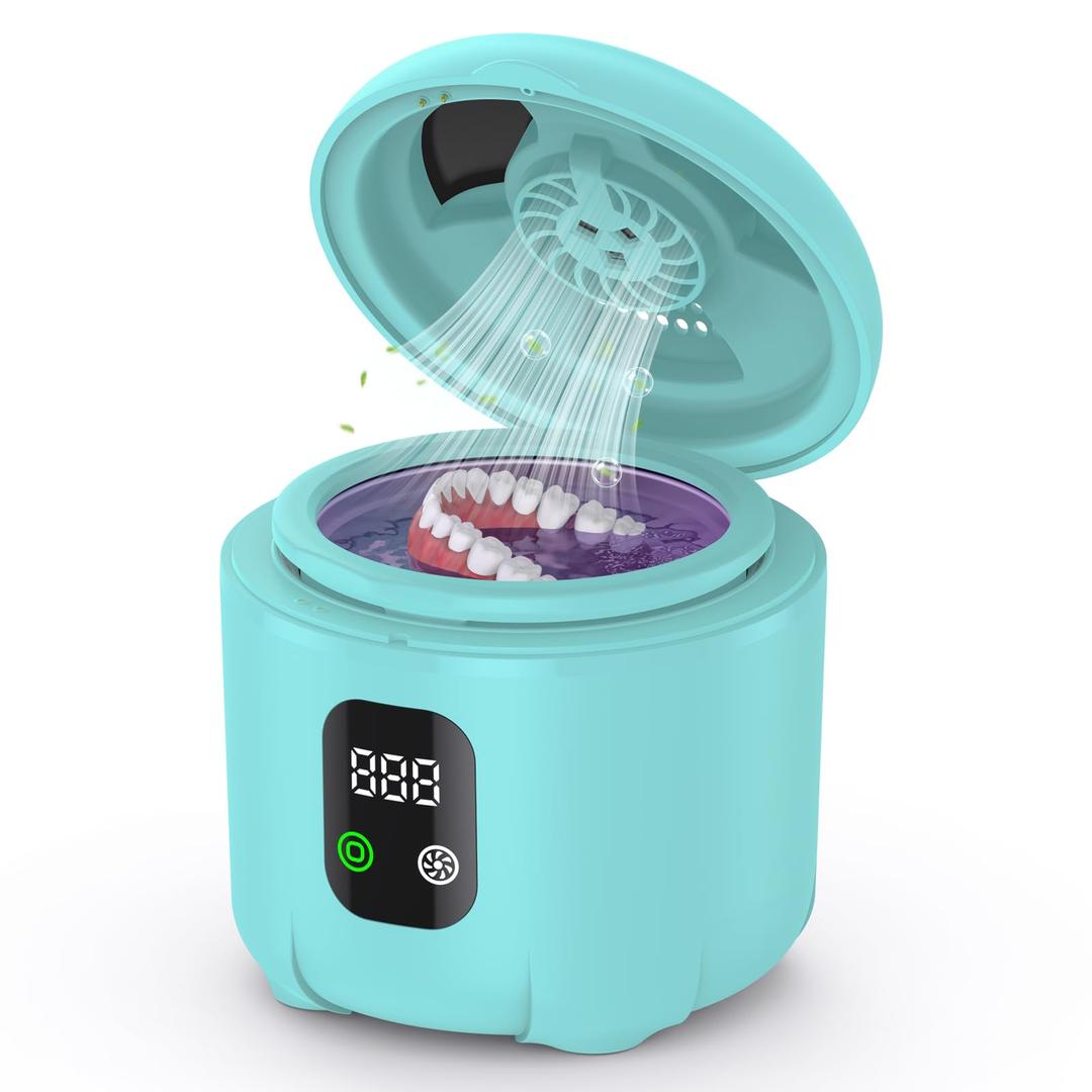 2025 Ultrasonic Retainer Cleaner- 45KHz 25W Portable Denture Cleaner with Drying Function and Removable Inner Tank Compact Use for Dentures, Mouth Guards, Aligners, Jewelry and More (Blue)