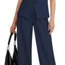 Casly Lamiit Women's 2 Piece Blazer Outfits Sleeveless Crewneck Vest Wide Leg Pantsuit 2025 Dressy Casual Work Sets (XX-Large, Navy Blue)