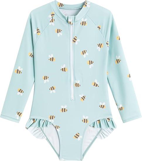 LIZENS Girls' One-Piece Swimwear Rash Guard Swimsuit Zipper Bathing Suits Long Sleeve Ruffle Girl Full Cover Flower Print (3-4T)