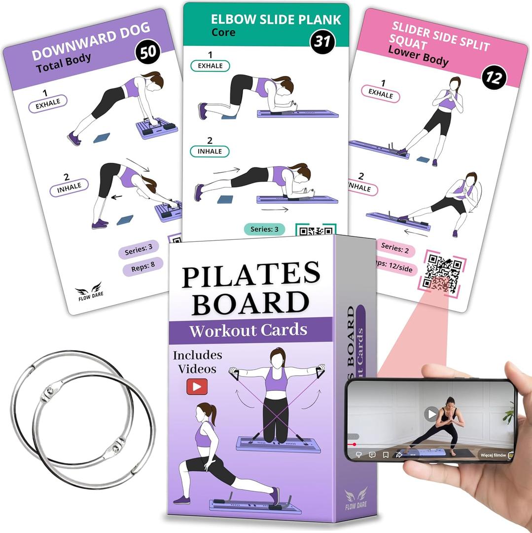 Pilates Board Workout Cards  67 Exercise Cards with Videos & Workout Plan - Includes 5-Week Challenge, Ebook, Progress Chart & 2 Rings for Easy Organization - Home Portable Reformer Guide for Women