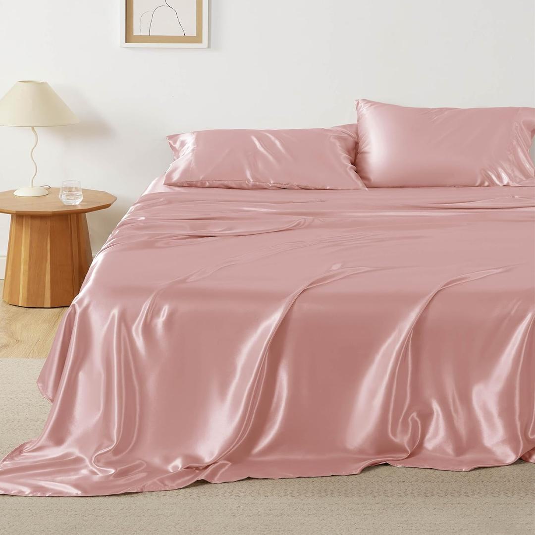 Bedsure Satin Sheets King Size - 4 Piece Silky Bedsheets with 15 Inches Deep Pocket Fitted Bedsheet,1 Flat Sheet, 2 Satin Pillowcases, Good for Hair & Skin (King, Blush Pink)