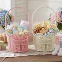 Youyole 2 Pcs Baby Shower Basket with Handle Woven Wicker Bow Wedding Basket for Treasure Storage Gathering Foraging Wedding Birthday Party Baby Shower, Pink White, 11" x 6"x 6"