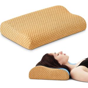 Travel Pillow Memory Foam Pillows, Ergonomic Wave Cervical Neck Pillow for Neck Pain Relief, Compressible Medium Firm Side Sleeper Pillow, Ideal for Camping, Office, Home & Bed (Orange, S) (S-15.7x10x4/3 In, Apricot Yellow)