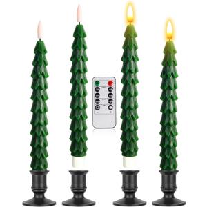 Christmas Tree Candles with Remote, 9.8 Inch Waxy Flameless Taper Candle, 4Pcs LED Battery Operated Window Candlesticks with Holder, 3D Flame Flickering Light with Timer for Christmas Decorations