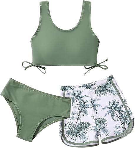 Girl's 3 Piece Bikini Bathing Suit Printed Sport Swimsuits with Shorts Cove Up Sets Teen Girl's Swimwear, 10Y