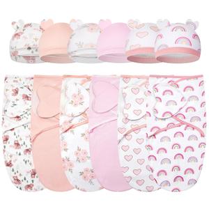 Ramede 6 Pack Swaddle Blanket with Hats for Baby Girl Boy 100% Cotton Swaddles 0-3 Months, Adjustable Breathable Skin Friendly Receiving Blanket Wrap, Essential for Newborns(Love,Pink)