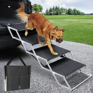 DGSL Extra Wide 4-Step Dog Ramp for Truck, SUV & Bed - Folding Steps with Non-Slip Surface, Supports Up to 250 Lbs (Black)