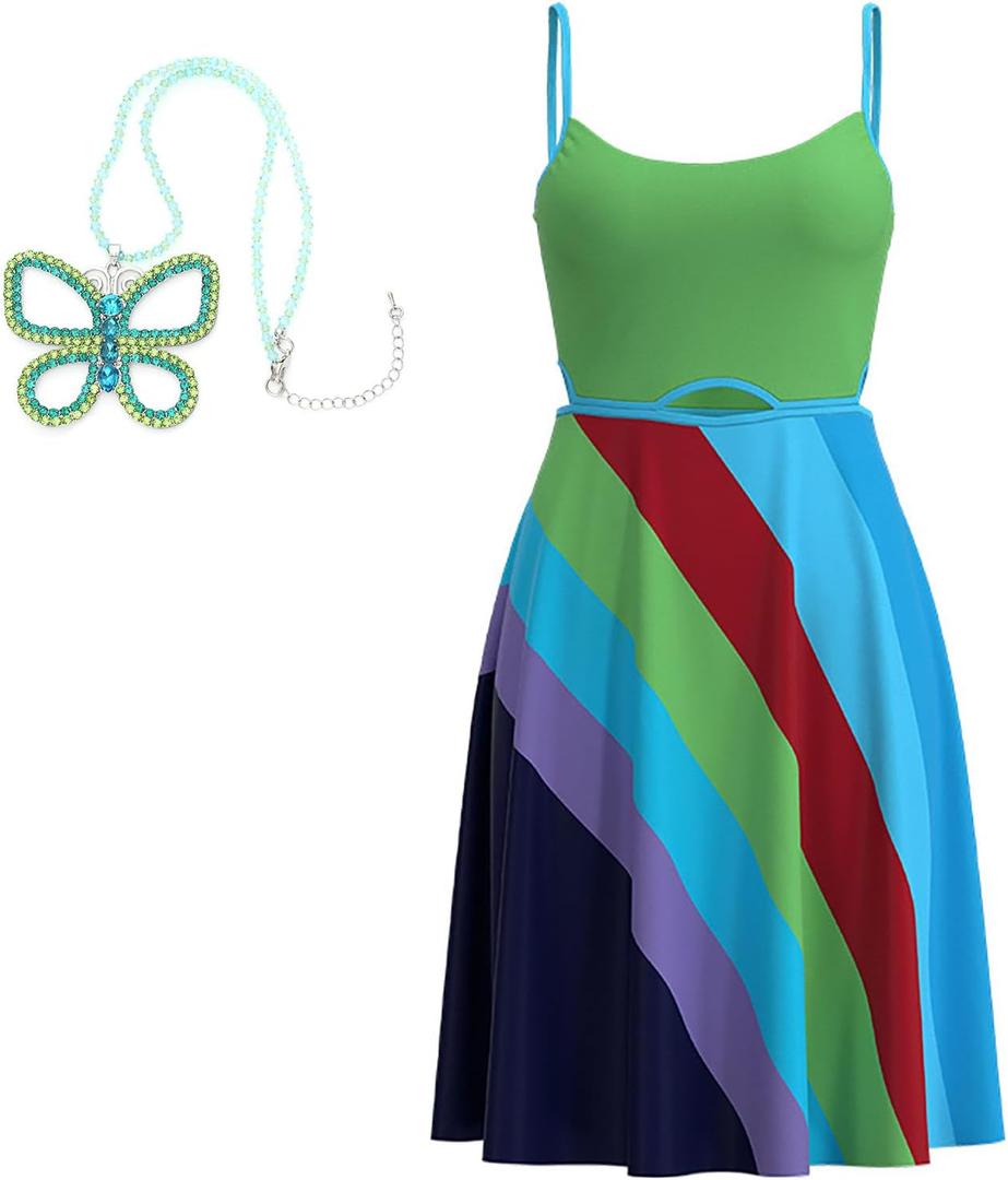 Rainbow Stripe Backless Slip Dress with Green Butterfly Necklace  Trendy Summer Bodycon Outfit (Large)