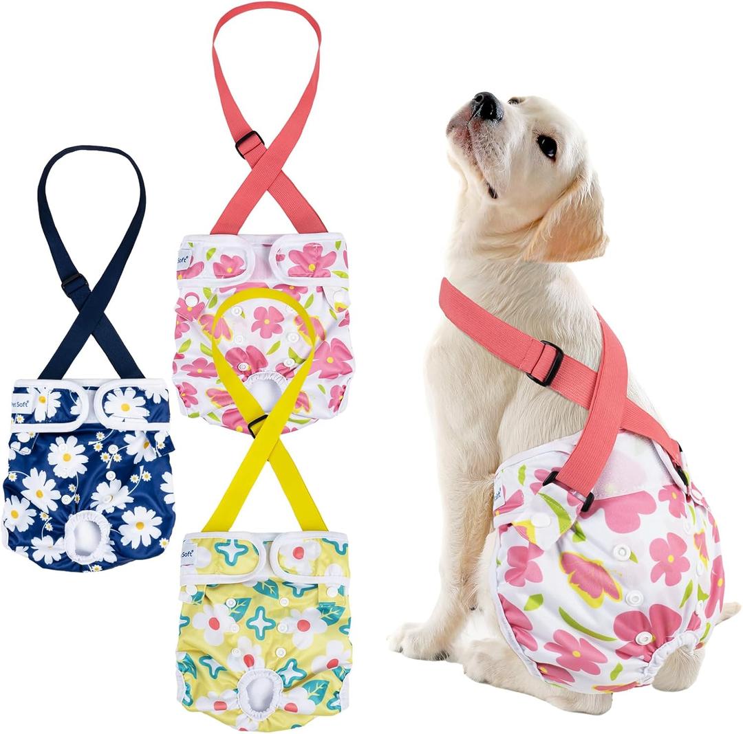 Pet Soft Dog Diapers Female with Suspenders, 3 Pack Reusable Female Dog Diapers for Heat, Dog Period Panties for Doggie in Cycle(Medium, Flowers) (Medium:14''-19'')