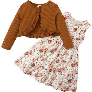 Goodstoworld Girls DressesFloral Dress Toddler Sleeveless Brown Sundress Kids Autumn Winter Long Sleeve Casual Clothes (5T-6T, Brown)