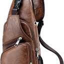 Peicees Leather Sling Bag Mens Crossbody Bag Chest Bag Sling Backpack for Men with USB Charge Port, Medium