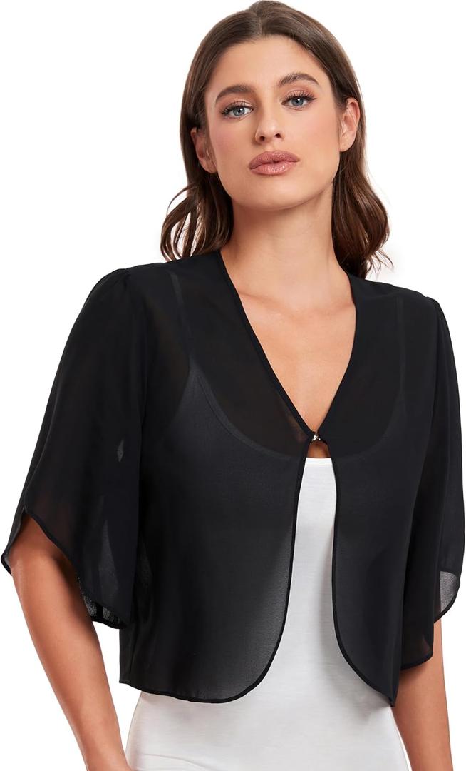 SURVODJA Womens Chiffon Cropped Cardigans Lightweight Sweaters Short Sleeve Bolero Shrugs for Dress (X-Large, Black)