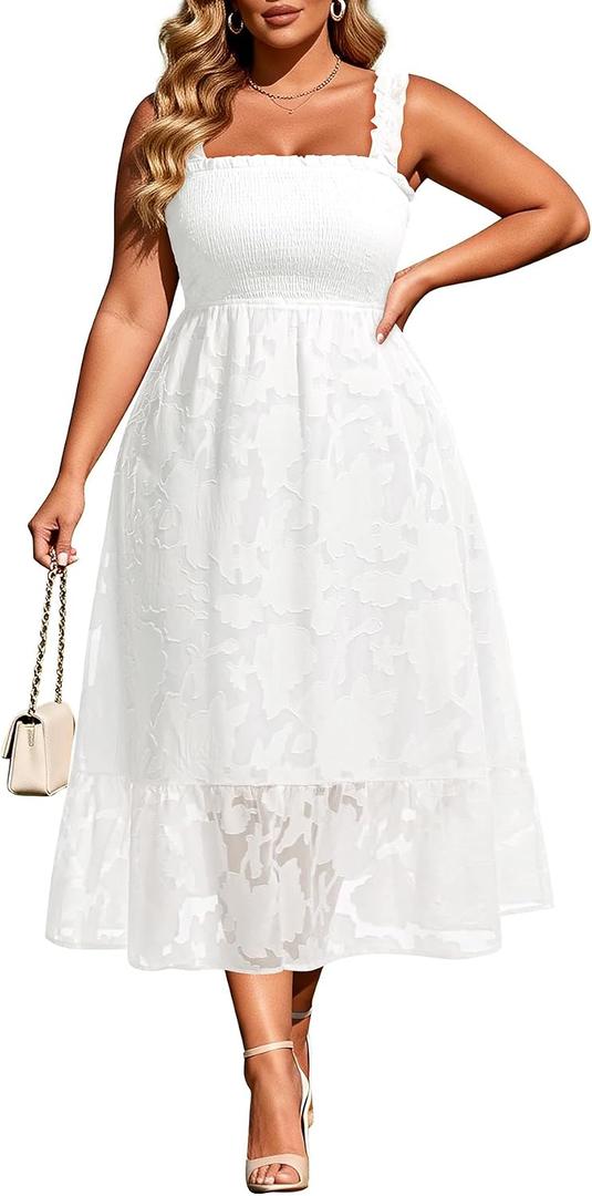 Plus Size Summer Dress - Sun Boho Beach Casual Floral Spaghetti Strap Sleeveless Long Maxi Dresses (White, M)