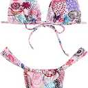 Women's High Waisted Bikini Set Floral Print Spaghetti Strap Smocked Wireless Bathing Suit Swimsuit 2 Piece Set, M