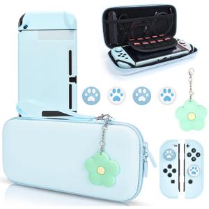 DLseego Blue Switch Case Set Carrying Case with 10 Slots Babyblue Protective Dockable Hard Shell with 4PCS Cute Cat Paw Thumb Grips Caps and 1PC Green Flower Blossom Chain for Switch 2017 Version