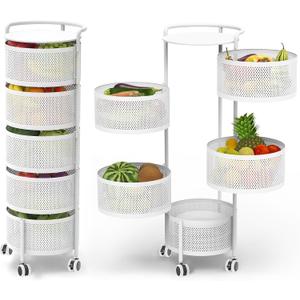 JAQ No Assembly 5-Tier Kitchen Storage Cart with Wheels, Rotating Produce Organizer for Onion, Potato & Vegetable Storage, Large Capacity Pantry Rack, White, 13.5 inches