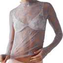Ugerlov Women's Long Sleeve Mesh Top Mock Neck Sheer Blouse See Through Floral Lace Tops (Medium, Dark Grey)