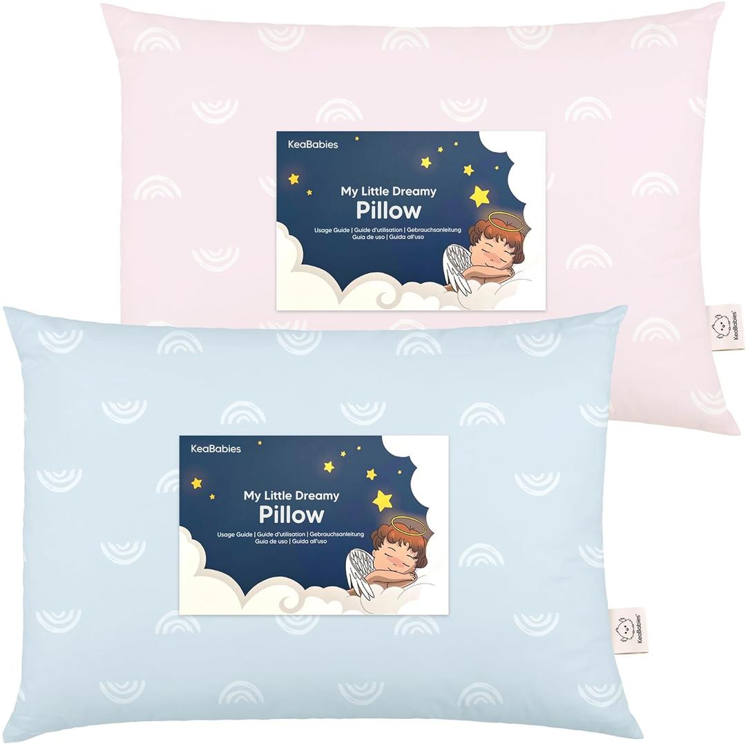KeaBabies 2-Pack Toddler Pillows 2 Year Old to 5-13x18 Soft Organic Cotton Kids Pillow for Sleeping, Travel, School, Daycare, Nap, Toddler Bed, Machine Washable, Without Pillowcase (Pastel Rainbow)