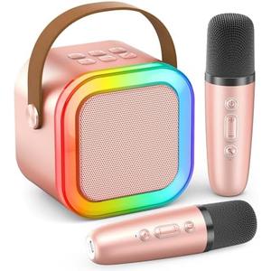 Mini Karaoke Machine for Kids Adults, 2025 TOP Christmas Birthday Gifts for Girls 3,4,5,6,7,8+Year Old Toddler Toys, Portable Bluetooth Speaker with 2 Wireless Karaoke Microphones Player(Rose)
