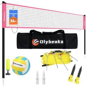 32ft Regulation Size Portable Outdoor Volleyball Net Set System for Backyard Beach with Height Adjustable Poles, PU Volleyball and Pump, Carry Bag, Boundary Line - Easy Set Up & Anti-Sagging