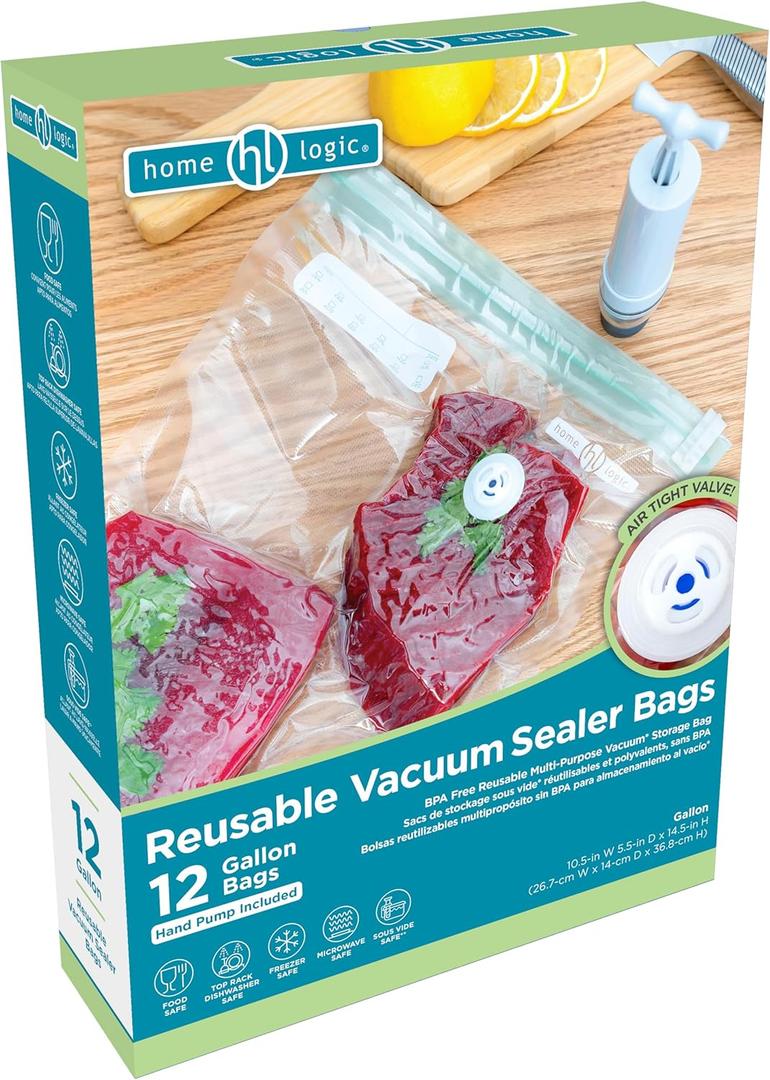 Home Logic Vacuum Sealer Reusable Bags  Freezer, Microwave & Sous Vide Safe Food Storage  12 Gallon Bags, 10.5 Inch Width