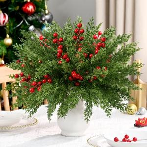 Waipfaru 45 Pcs Christmas Artificial Pine Branches, 12.9" Faux Evergreen Norfolk Pine with Red Berry Stems, Greenery Fake Pine Needles Picks Flowers for Xmas Vase Table DIY Craft Home Decorations