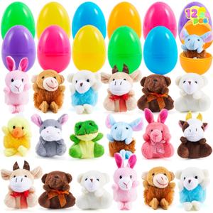 JOYIN 12 Pcs Prefilled Easter Eggs with Plush Toys, Plastic Eggs Filled with Mini Stuffed Plush Toys, Basket Stuffers for Toddlers, Easter Egg Hunt, Party Favors, Classroom Prizes for Kids