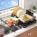 PureBox Extendable Dish Rack for Kitchen Sink - Heavy-Duty Adjustable Over Sink Drying Rack with Utensil Holder & Drain Tray, Space Saving Steel Frame Dish Rack (Black)