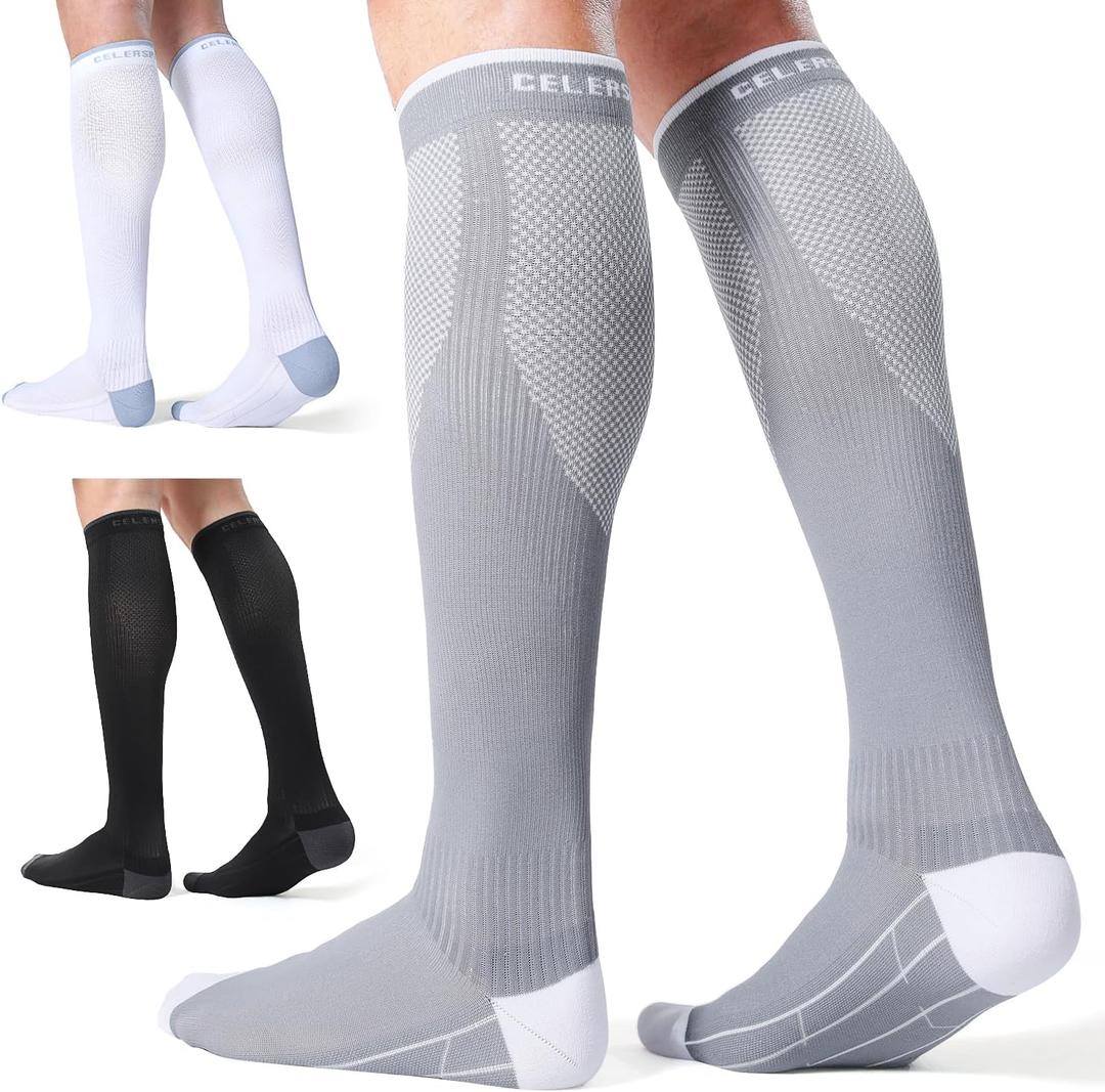 CelerSport 3 Pairs Compression Socks for Men and Women 20-30 mmHg Running Support Socks (Small-Medium, Black + White + Grey)