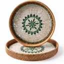 Round Rattan Tray Set with Shell Mosaic Design, Boho Serving Tray, Large Tray (13.78 × 1.09 in), Small Tray (11.81 × 1.18 in)
