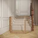 No Pawblems Free Standing Dog Gate with Door, 30'' Tall Foldable Dog Fence for Indoor & Outdoor, Up to 78 Inch Extra Wide Puppy Gate for Stairs, Hallways, Doorways, Deck, Yard (Wood Pattern, 3 Panels)