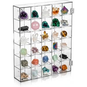 Adjustable Rock Display Case, 30 Grid Clear Acrylic Crystal Display Case with Lid Mineral Stones Collection Box with Mirrored for Rocks, Gemstones, Collectibles