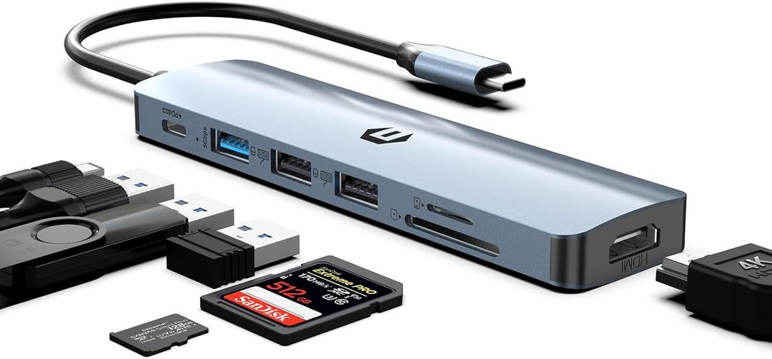 USB C HUB, 7 in 1 USB Docking Station, 4K HDMI, 100W Power Delivery, USB 3.0 Ports, Dual USB 2.0 Ports, SD/TF Card Reader, Compatible with iMac, Surface, XPS, Thinkpad, Galaxy, and More