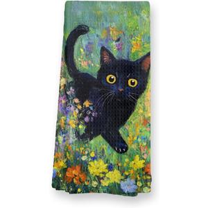 Fresh Meadow Black Cat Kitchen Towels, Cat Lover Gifts for Women Men Dish Towels for Kitchen Decor, Black Kitten Hand Towel for Bathroom Decor, 16x24 Inch