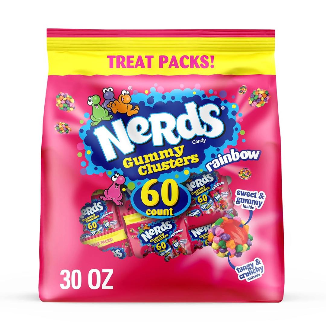 NERDS Gummy Clusters, Candy Treat Packs, Rainbow, Crunchy and Gummy, 30 oz (60 ct) (EXP 09/28/26)