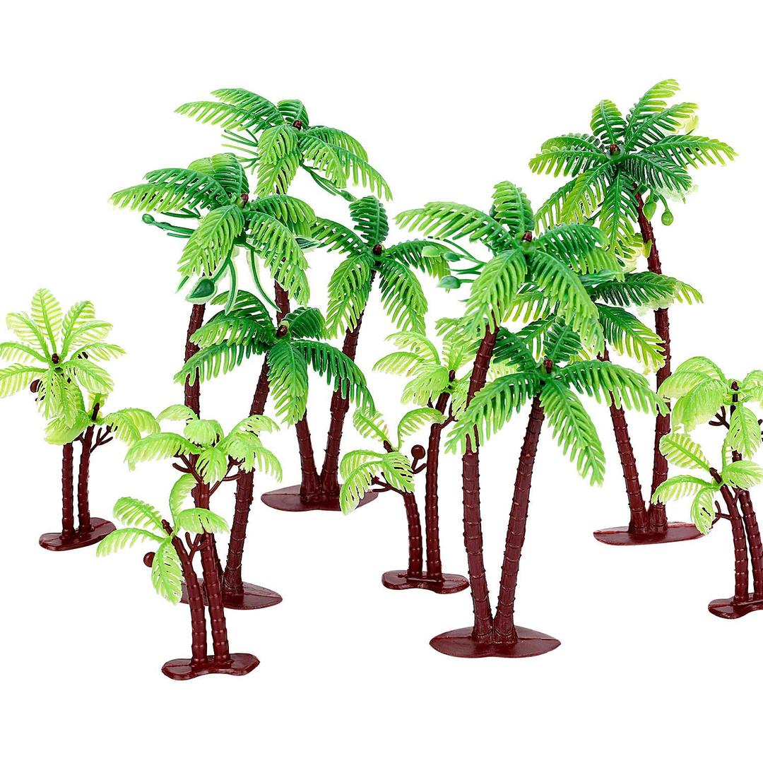 Jovitec 16 Pcs Plastic Palm Tree Coconuts Cupcake Topper Scale Scenery Miniature Figurines Micro Aquarium Garden Plant