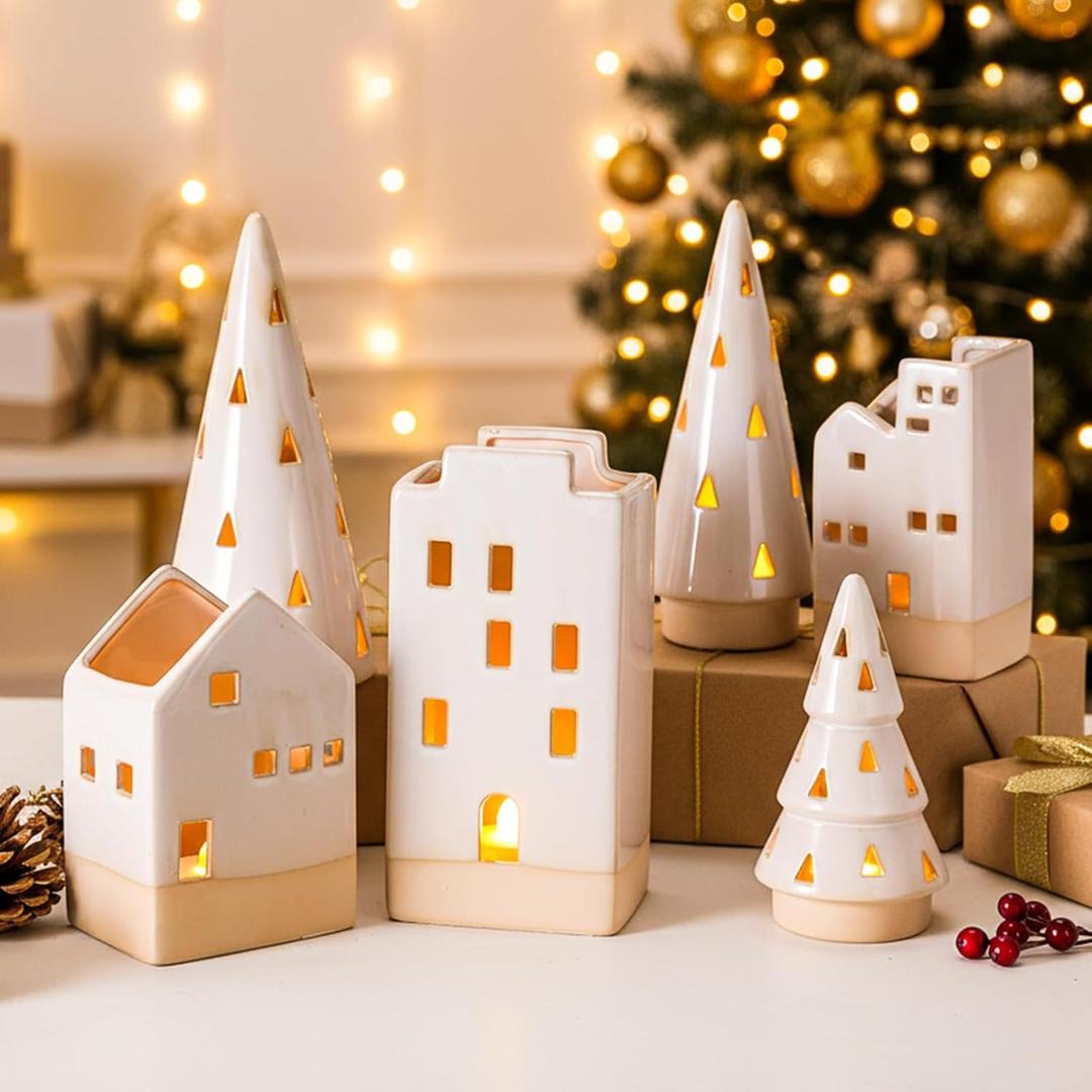 6 Pcs Christmas Ceramic Buildings Decoration, 4.4" to 9.4" White Christmas Tree & Houses Tealight Candle Holders Centerpiece Set for Winter Holiday Village Tabletop Mantel