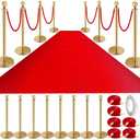 Pelopy 16 Pcs Stanchion Posts Queue Crowd Control Stanchion Velvet Ropes Carpet Set, 38 in Post Sand Injection Hollow Base with Rope for Party Museum (32 ft Carpet,Gold,Red)