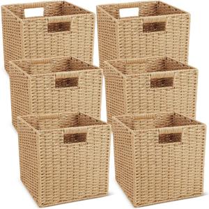 Newtay 6 Pcs Wicker Storage Baskets 13 x 13 in Cube Storage Bin Organizer Camel Square Foldable Wicker Baskets for Shelves Organizing Decor Laundry Pantry Toys