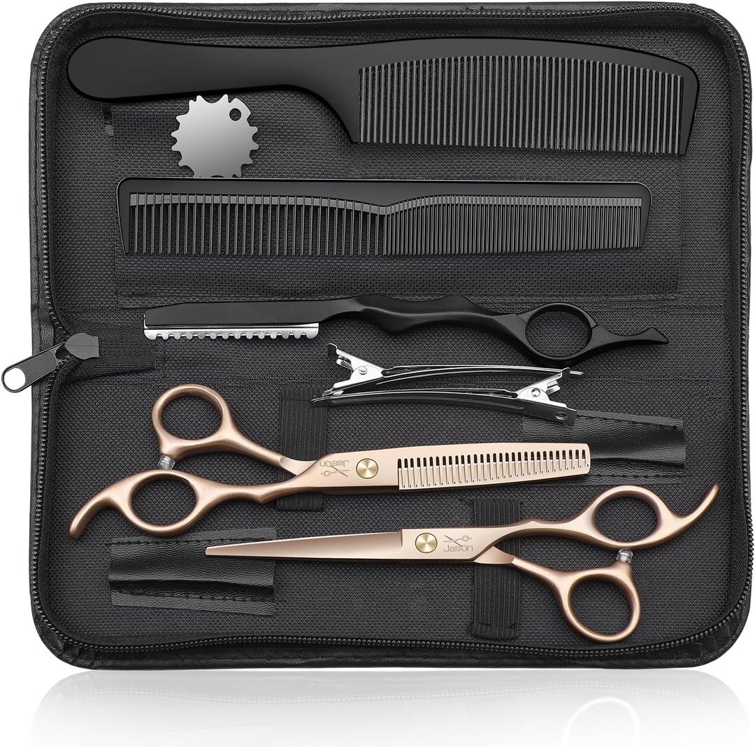 JASON Hair Cutting Scissors Set - 10-Piece Hair Thinning Texturizing Shears Straight for Men, Women & Home Salon RoseGold 6.0"