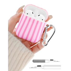 Compatible with Airpods 2nd 1st Generation Case, Cute Hot Pink Stripe Aesthetic Design with Carabiner, Soft TPU Skin Anti-Scratch Shockproof Protective Cover for Women Girls