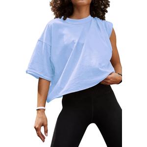Women's Oversize Workout Crop Tops Casual Short Sleeve Drop Shoulder Boxy T-Shirts Roll Hem Basic Loose Yoga Running Tees (Medium, Baby Blue)