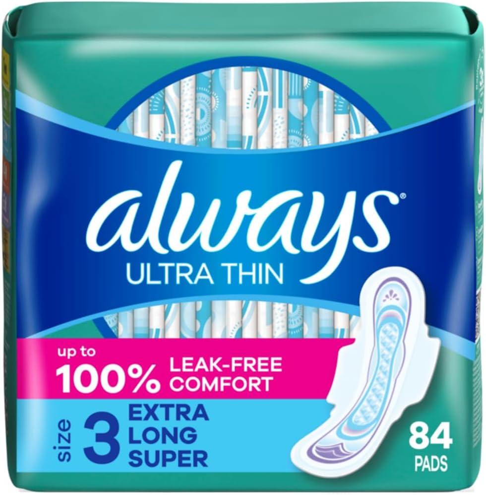 Always Ultra Thin Pads with Wings, Size 3, Extra Long Super, 84 Count (3 Packs of 28)