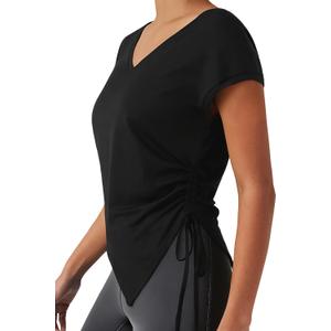 Remidoo Women's Side Drawstring Asymmetrical Hem T Shirt Short Sleeve V Neck Workout Tops (Large, Black)