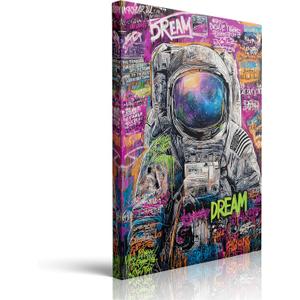 Graffiti Astronaut with DREAM Text Galaxy Visor Canvas Wall Art Framed Banksy Style Painting Prints Posters Artwork for Boys Room Space Themed Wall Decor 12x16 Inches