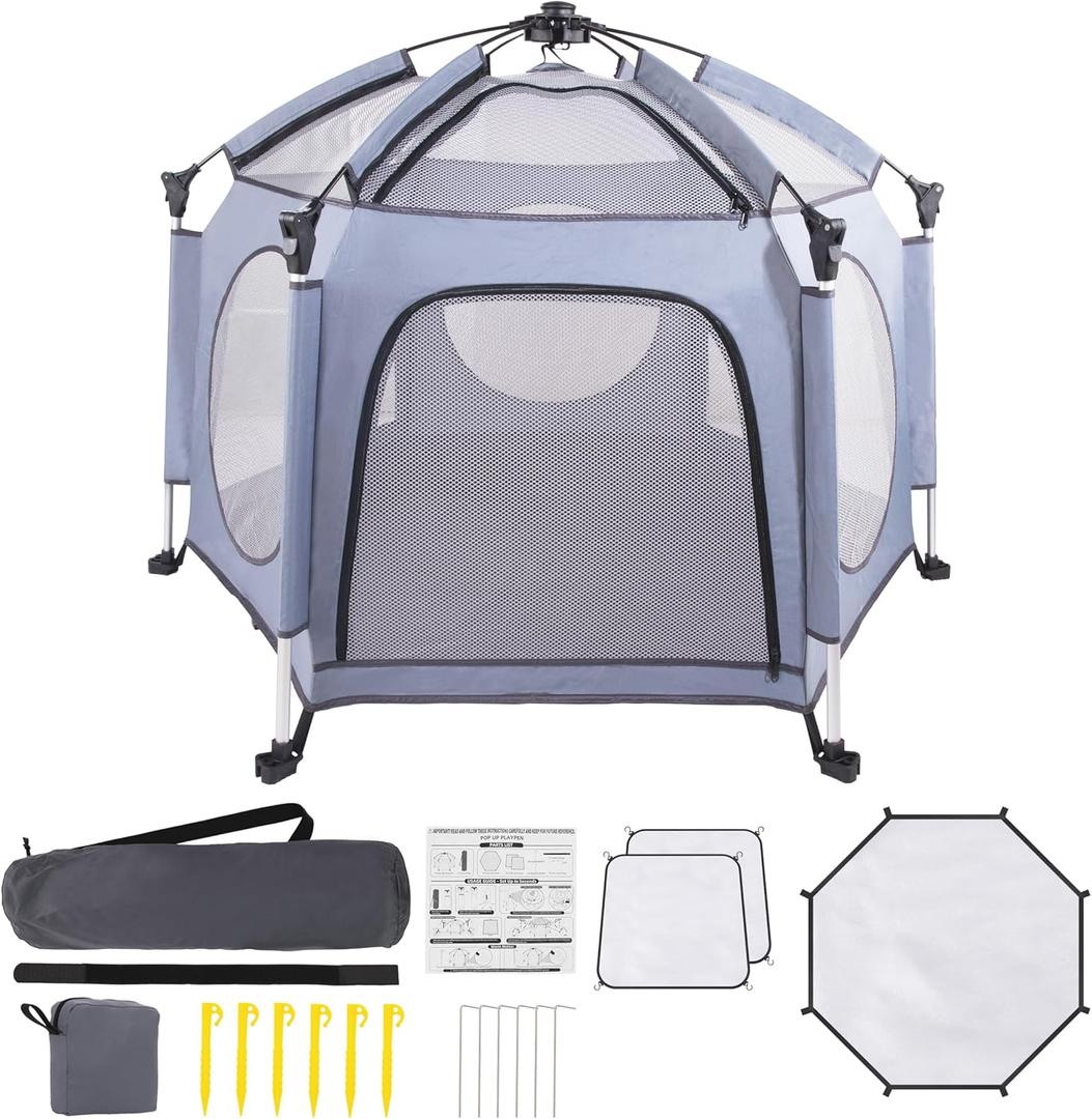 Pop up Playpen Portable Backpacking Tents - Beach Tent, Foldable, Portable W/Canopy, Travel Bag, & Mosquito Net - Pop Up Pack and Play Tent for Indoor & Outdoor(Anchor Grey)
