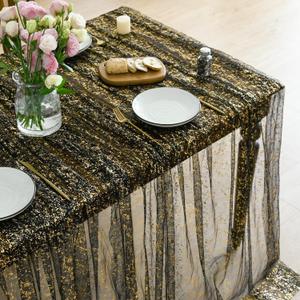 Horaldaily Black Gold Gauze Tablecloth 60x84 Inch Rectangular, Golden Sequin Glitter Metallic Foil, Sheer Tulle Cheesecloth for Wedding Baby Shower Ceremony Birthday