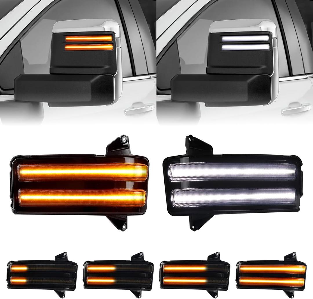 LED Sequential Amber Tow Mirror Turn Signal Lights for 2020-2024 Chevy Silverado GMC Sierra 2500 3500 Switchback Dynamic Amber Side Mirror Marker Lights White DRL, Smoked Lens